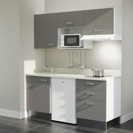 Kitchenette 180 cm K20L équipée avec électroménager blanc inclus - façades grises, plan travail blanc évier à gauche