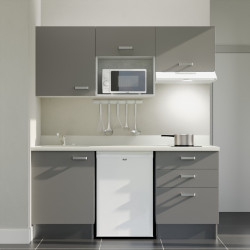 Kitchenette 180 cm K20L équipée avec électroménager blanc inclus - façades grises, plan travail blanc évier à gauche