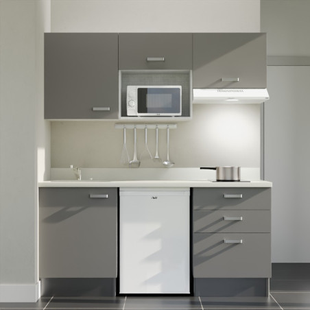 Kitchenette 180 cm K20L équipée avec électroménager blanc inclus - façades grises, plan travail blanc évier à gauche