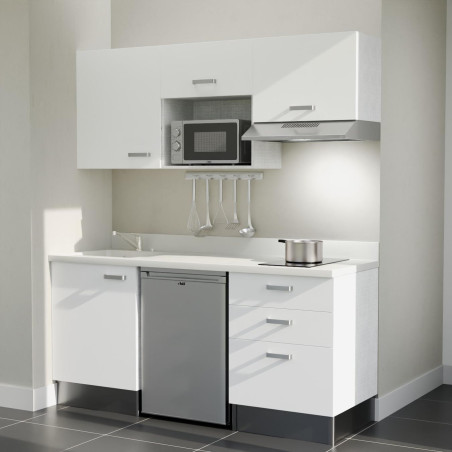 Kitchenette 180 cm K20L équipée avec électroménager inox inclus - façades blanches, plan travail blanc évier à gauche