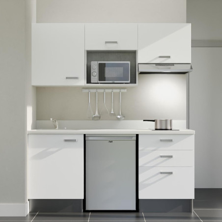Kitchenette 180 cm K20L équipée avec électroménager inox inclus - façades blanches, plan travail blanc évier à gauche
