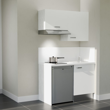 Kitchenette 120 cm K01L : façades blanc, plan de travail et crédences blanc, électroménager inox inclus