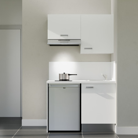 Kitchenette 120 cm K01L : façades blanc, plan de travail et crédences blanc, électroménager inox inclus