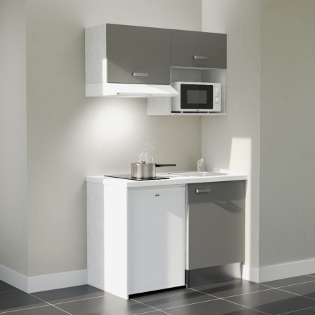Kitchenette 120 cm K02L grise, plan stratifié blanc, frigo top, micro-ondes et hotte blanc