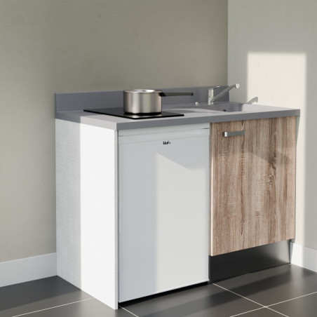 Kitchenette 120 cm K08L équipée avec électroménager blanc inclus - façades bois, plan travail gris évier à droite