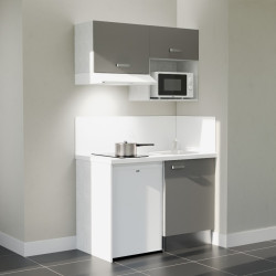 Kitchenette 120 cm K02L grise, plan travail et crédences stratifiés blanc, frigo top, micro-ondes et hotte blanc