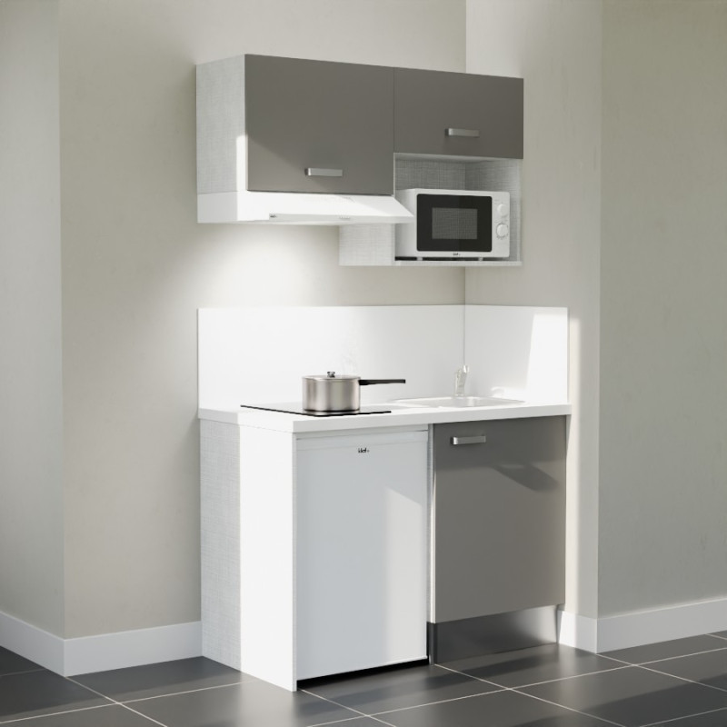 Kitchenette 120 cm K02L grise, plan travail et crédences stratifiés blanc, frigo top, micro-ondes et hotte blanc Kitchenette 120 cm K02L grise, plan travail et crédences stratifiés blanc, frigo top, micro-ondes et hotte blanc