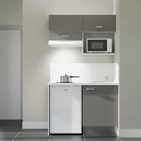 Kitchenette 120 cm K02L grise, plan travail et crédences stratifiés blanc, frigo top, micro-ondes et hotte blanc