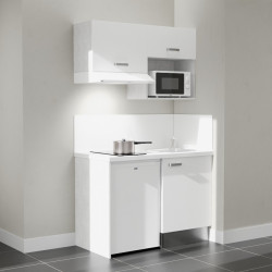 Kitchenette 120 cm K02L blanche, plan travail et crédences stratifiés blanc, frigo top, micro-ondes et hotte blanc