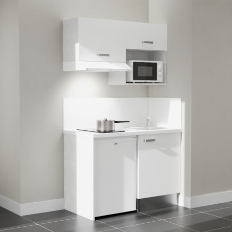 Kitchenette 120 cm K02L blanche, plan travail et crédences stratifiés blanc, frigo top, micro-ondes et hotte blanc