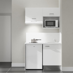 Kitchenette 120 cm K02L blanche, plan travail et crédences stratifiés blanc, frigo top, micro-ondes et hotte blanc