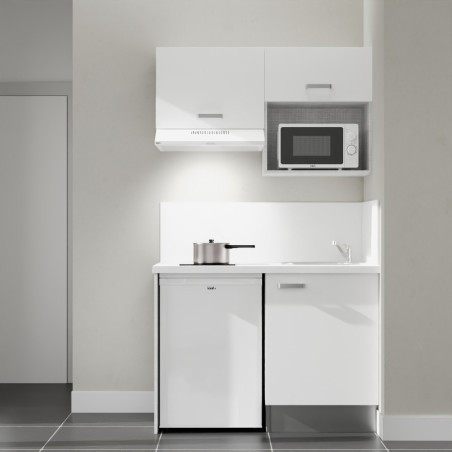 Kitchenette 120 cm K02L blanche, plan travail et crédences stratifiés blanc, frigo top, micro-ondes et hotte blanc