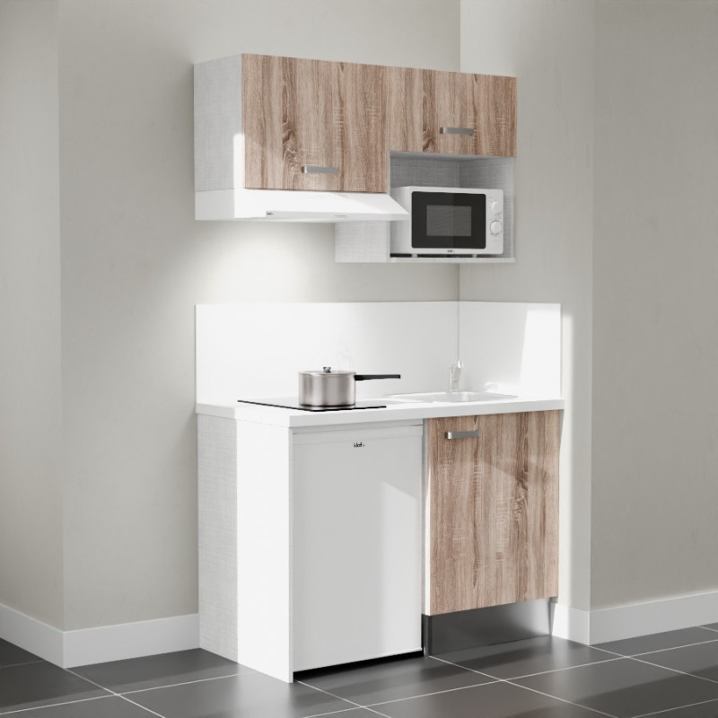 Kitchenette 120 cm K02L bois, plan travail et crédences stratifiés blanc, frigo top, micro-ondes et hotte blanc Kitchenette 120 cm K02L bois, plan travail et crédences stratifiés blanc, frigo top, micro-ondes et hotte blanc