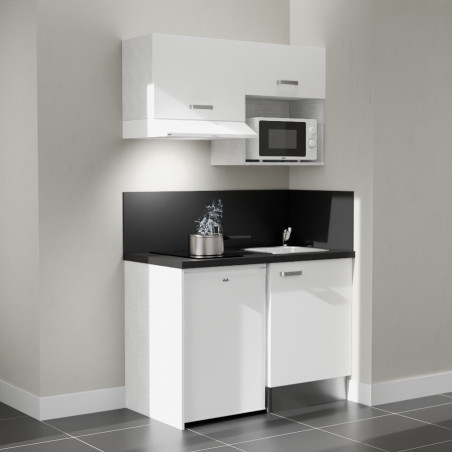 Kitchenette 120 cm K02L blanche, plan travail et crédences stratifiés noir, frigo top, micro-ondes et hotte blanc