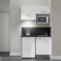 Kitchenette 120 cm K02L blanche, plan travail et crédences stratifiés noir, frigo top, micro-ondes et hotte blanc