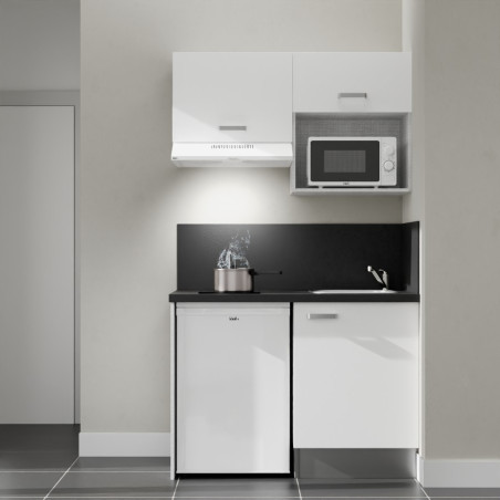 Kitchenette 120 cm K02L blanche, plan travail et crédences stratifiés noir, frigo top, micro-ondes et hotte blanc