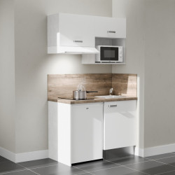 Kitchenette 120 cm K02L blanche, plan travail et crédences stratifiés chêne, frigo top, micro-ondes et hotte blanc