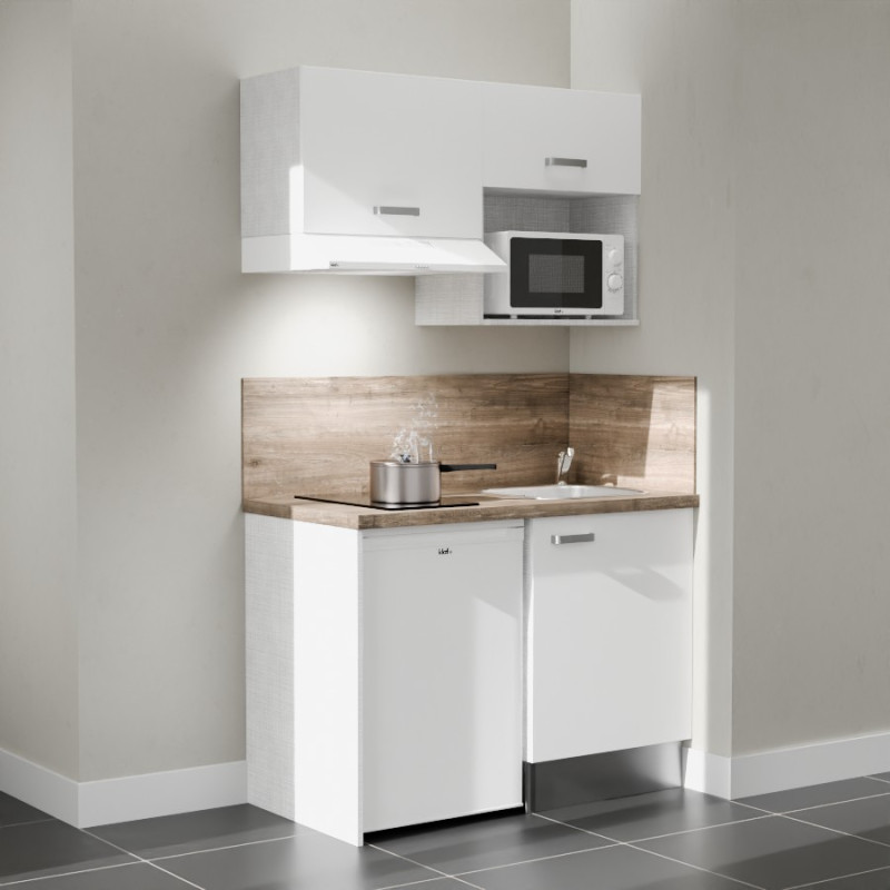 Kitchenette 120 cm K02L blanche, plan travail et crédences stratifiés chêne, frigo top, micro-ondes et hotte blanc