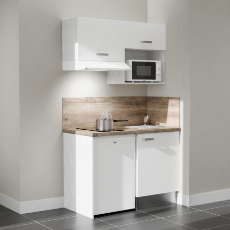 Kitchenette 120 cm K02L blanche, plan travail et crédences stratifiés chêne, frigo top, micro-ondes et hotte blanc