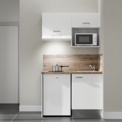 Kitchenette 120 cm K02L blanche, plan travail et crédences stratifiés chêne, frigo top, micro-ondes et hotte blanc