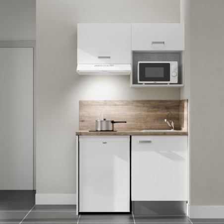 Kitchenette 120 cm K02L blanche, plan travail et crédences stratifiés chêne, frigo top, micro-ondes et hotte blanc
