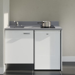 Kitchenette 120 cm K08L équipée avec électroménager blanc inclus - façades blanches, plan travail gris évier à gauche