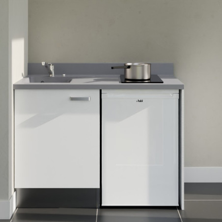 Kitchenette 120 cm K08L équipée avec électroménager blanc inclus - façades blanches, plan travail gris évier à gauche