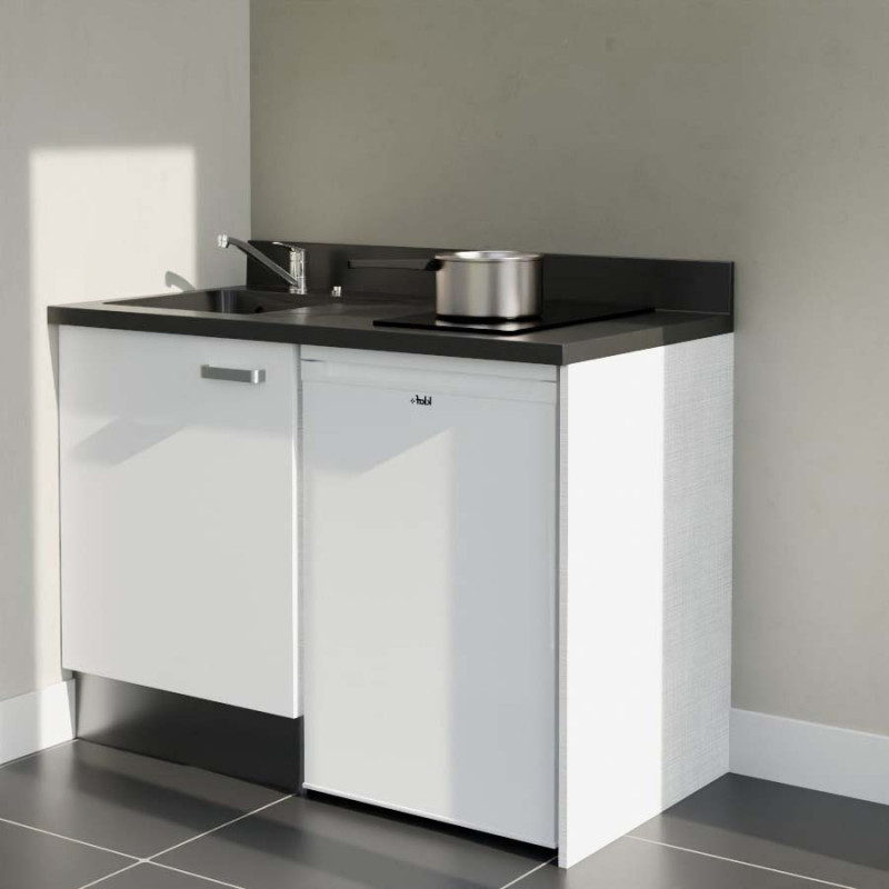 Kitchenette 120 cm K08L équipée avec électroménager blanc inclus - façades blanches, plan travail noir évier à gauche Kitchenette 120 cm K08L équipée avec électroménager blanc inclus - façades blanches, plan travail noir évier à gauche