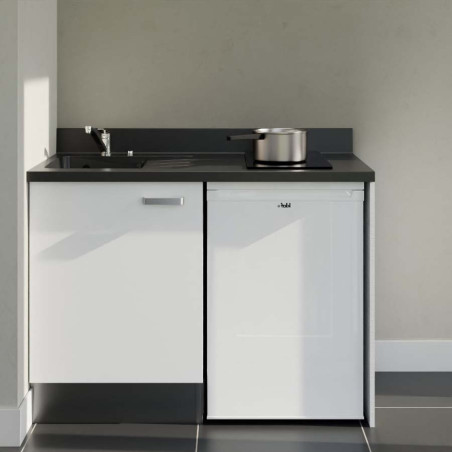 Kitchenette 120 cm K08L équipée avec électroménager blanc inclus - façades blanches, plan travail noir évier à gauche
