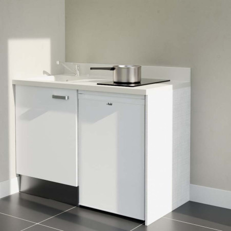 Kitchenette 120 cm K08L équipée avec électroménager blanc inclus - façades blanches, plan travail blanc évier à gauche
