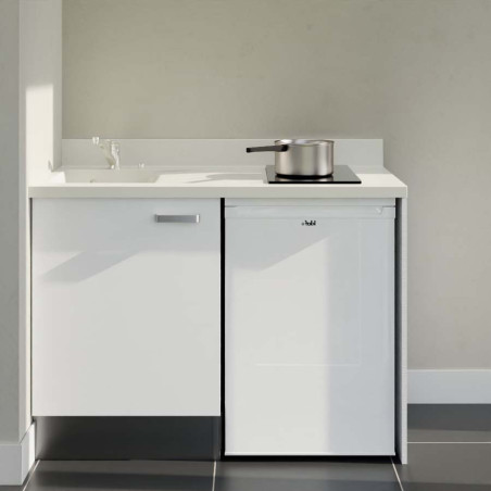 Kitchenette 120 cm K08L équipée avec électroménager blanc inclus - façades blanches, plan travail blanc évier à gauche