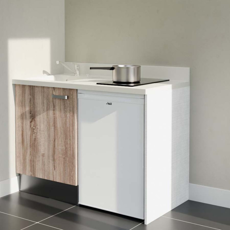 Kitchenette 120 cm K08L équipée avec électroménager blanc inclus - façades bois, plan travail blanc évier à gauche Kitchenette 120 cm K08L équipée avec électroménager blanc inclus - façades bois, plan travail blanc évier à gauche