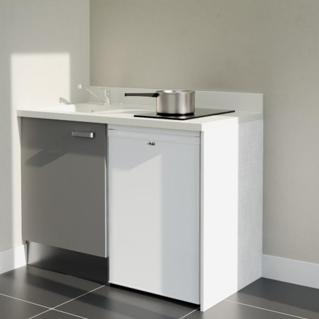 Kitchenette 120 cm K08L équipée avec électroménager blanc inclus - façades grises, plan travail blanc évier à gauche