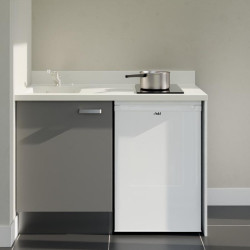 Kitchenette 120 cm K08L équipée avec électroménager blanc inclus - façades grises, plan travail blanc évier à gauche