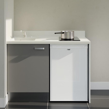 Kitchenette 120 cm K08L équipée avec électroménager blanc inclus - façades grises, plan travail blanc évier à gauche