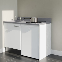 Kitchenette 120 cm K08L équipée avec électroménager blanc inclus - façades blanches, plan travail gris évier à gauche