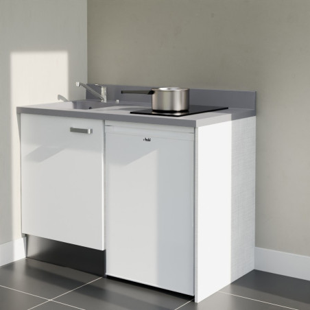 Kitchenette 120 cm K08L équipée avec électroménager blanc inclus - façades blanches, plan travail gris évier à gauche