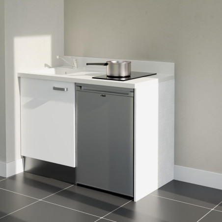 Kitchenette 120 cm K08L équipée avec électroménager inox inclus - façades blanches, plan travail blanc évier à gauche