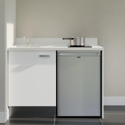 Kitchenette 120 cm K08L équipée avec électroménager inox inclus - façades blanches, plan travail blanc évier à gauche