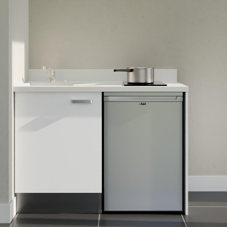 Kitchenette 120 cm K08L équipée avec électroménager inox inclus - façades blanches, plan travail blanc évier à gauche