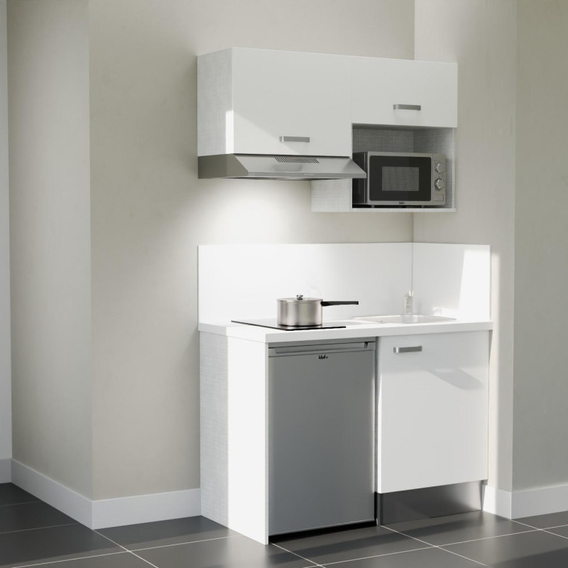 Kitchenette 120 cm K02L blanche, plan travail et crédences stratifiés blanc, frigo top, micro-ondes et hotte inox Kitchenette 120 cm K02L blanche, plan travail et crédences stratifiés blanc, frigo top, micro-ondes et hotte inox
