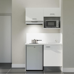 Kitchenette 120 cm K02L blanche, plan travail et crédences stratifiés blanc, frigo top, micro-ondes et hotte inox