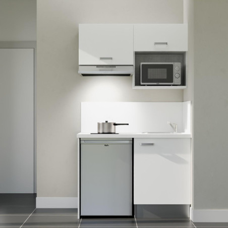 Kitchenette 120 cm K02L blanche, plan travail et crédences stratifiés blanc, frigo top, micro-ondes et hotte inox