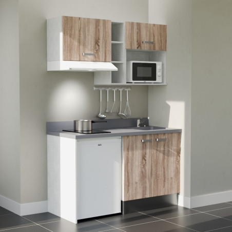 Kitchenette 140 cm K13L équipée avec électroménager blanc inclus - façades bois, plan travail gris évier à droite