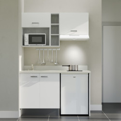 Kitchenette 140 cm K13L équipée avec électroménager blanc inclus - façades blanches, plan travail blanc évier à gauche
