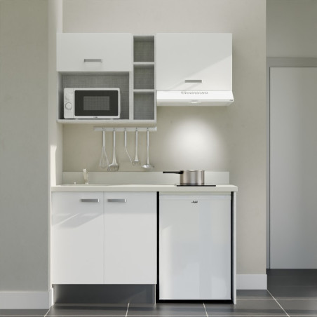 Kitchenette 140 cm K13L équipée avec électroménager blanc inclus - façades blanches, plan travail blanc évier à gauche