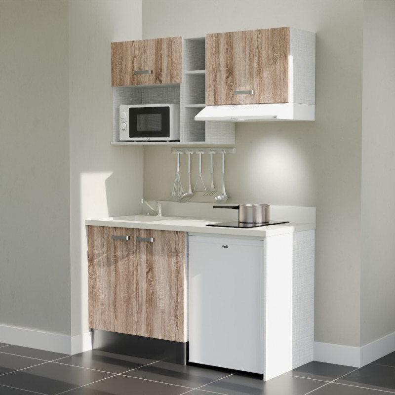 Kitchenette 140 cm K13L équipée avec électroménager blanc inclus - façades bois, plan travail blanc évier à gauche Kitchenette 140 cm K13L équipée avec électroménager blanc inclus - façades bois, plan travail blanc évier à gauche