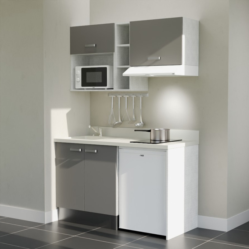 Kitchenette 140 cm K13L équipée avec électroménager blanc inclus - façades grises, plan travail blanc évier à gauche Kitchenette 140 cm K13L équipée avec électroménager blanc inclus - façades grises, plan travail blanc évier à gauche