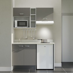 Kitchenette 140 cm K13L équipée avec électroménager blanc inclus - façades grises, plan travail blanc évier à gauche