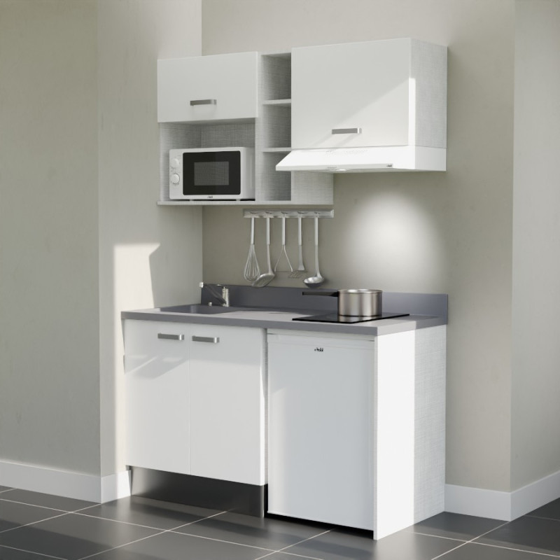 Kitchenette 140 cm K13L équipée avec électroménager blanc inclus - façades blanches, plan travail gris évier à gauche Kitchenette 140 cm K13L équipée avec électroménager blanc inclus - façades blanches, plan travail gris évier à gauche